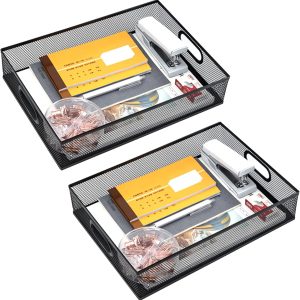 2Pcs Desk Drawer Organizer, Stable Metal Mesh Desk Storage Tray, Versatile Storage Box Set for Office Home Supplies,13 x 9 inches