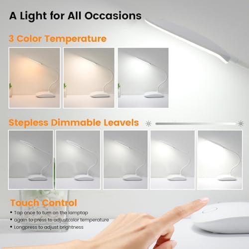 Battery Powered Desk Lamp, Portable Lamps Rechargeable 3 Color Modes Touch Control Stepless Dimming, Wireless Desk Lamp with 2000mAh, Small LED Table Light for Dorm Study Office Bedroom,Black - Image 5