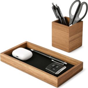 HULISEN Wooden Desk Organizer Tray with Pen Holder, Non-Slip Desk Tray and Pencil Holder Set with Felt Lined, Desktop Accessories for Home Office Workspace Organization