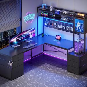 SEDETA L Shaped Gaming Desk with Drawers, Reversible Computer Corner Desk with File Drawer, Hutch, Storage Shelves for Home Office, Gaming Two Person Desk with Led Lights, Power Outlet, Black